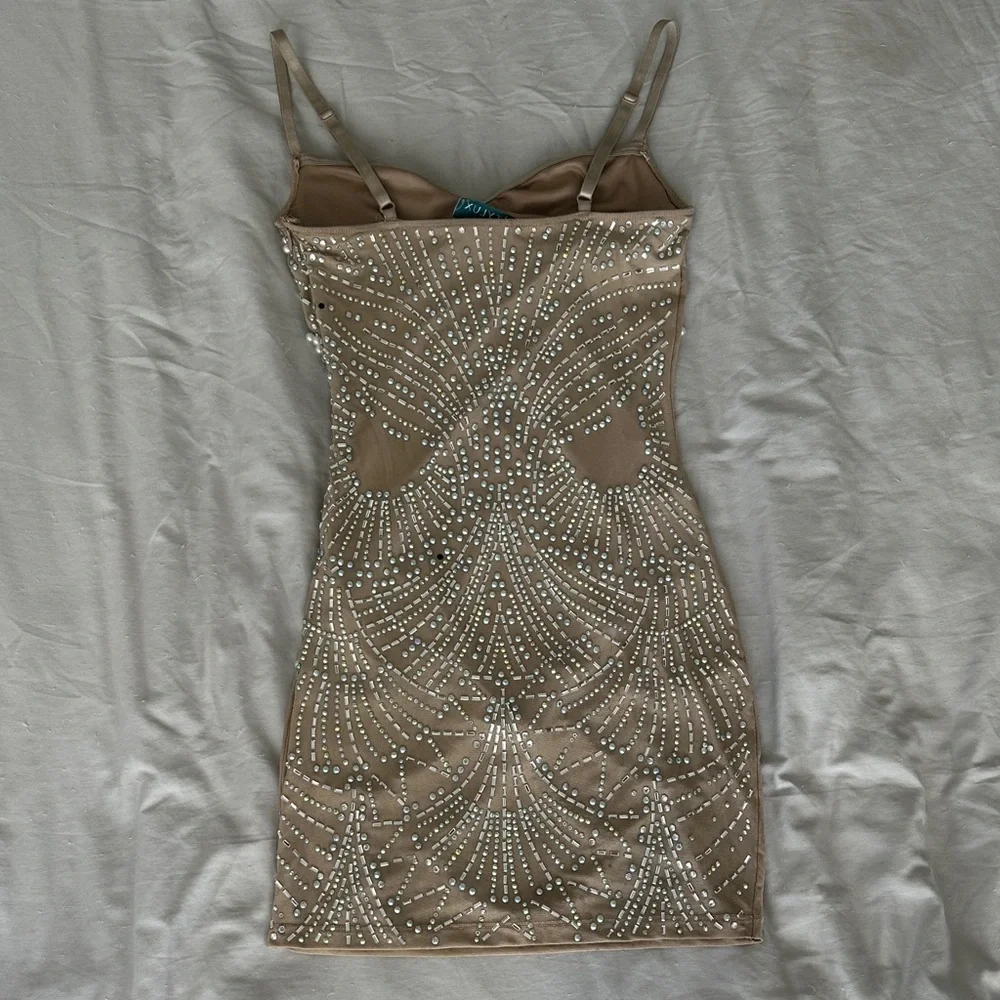 Elegant Beaded Dress in Tan - Picture 5 of 12